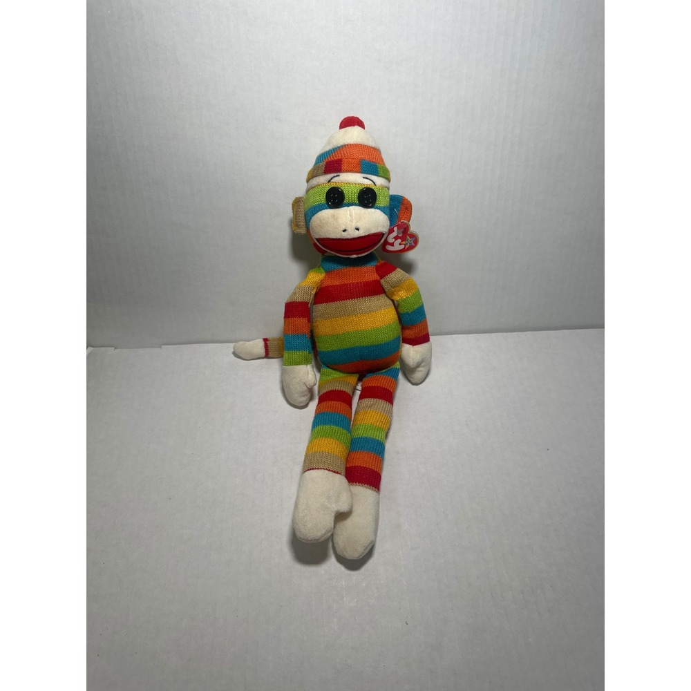 Ty Beanie Buddies Socks the Sock Monkey Rainbow Striped Knit Plush 16 inch 2011